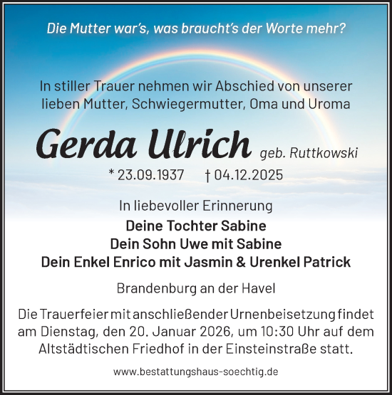 Traueranzeige von Gerda Ulrich von Märkische Oderzeitung