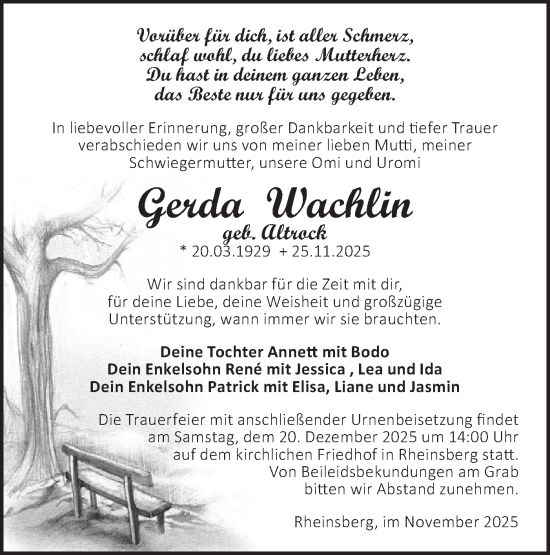 Traueranzeige von Gerda Wachlin von Märkische Oderzeitung