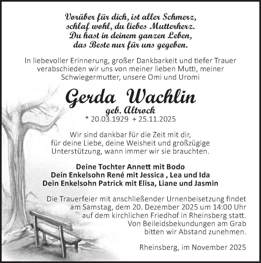  Traueranzeige für Gerda Wachlin vom 13.12.2025 aus Märkische Oderzeitung