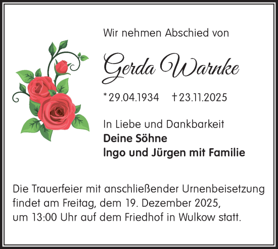 Traueranzeige von Gerda Warnke von Märkische Oderzeitung