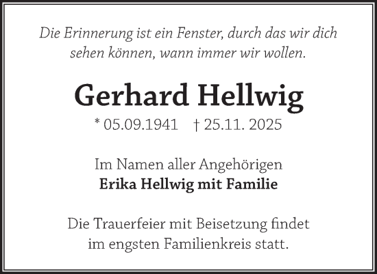 Traueranzeige von Gerhard Hellwig von Märkische Oderzeitung