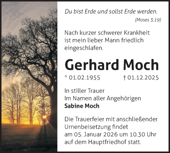 Traueranzeige von Gerhard Moch von Märkische Oderzeitung