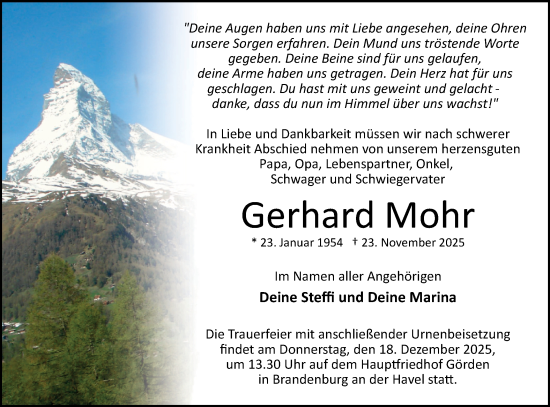 Traueranzeige von Gerhard Mohr von Märkische Oderzeitung