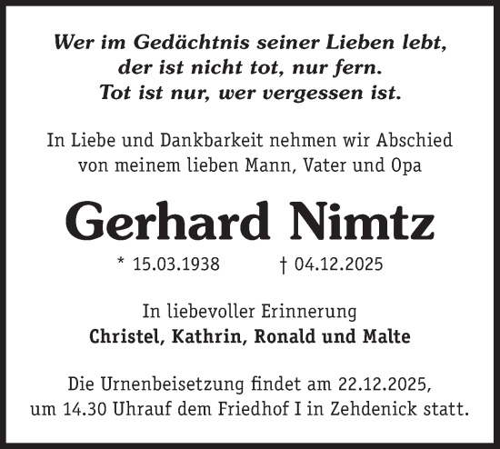 Traueranzeige von Gerhard Nimtz von Märkische Oderzeitung