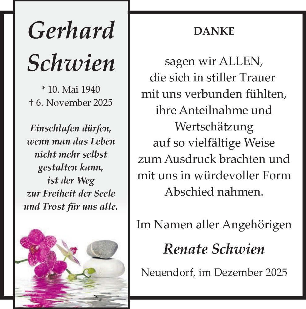 Traueranzeige für Gerhard Schwien vom 20.12.2025 aus Märkische Oderzeitung