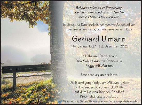 Traueranzeige von Gerhard Ulmann von Märkische Oderzeitung