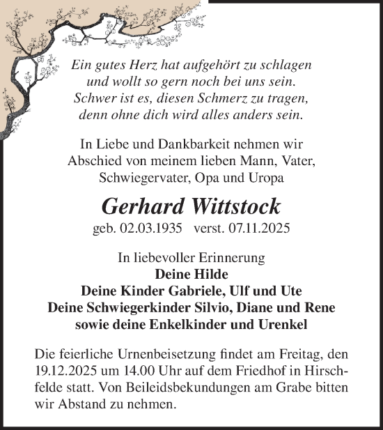 Traueranzeige von Gerhard Wittstock von Märkische Oderzeitung