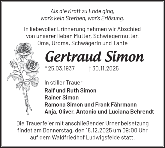 Traueranzeige von Gertraud Simon von Blickpunkt Ludwigsfelde/Zossen