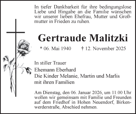 Traueranzeige von Gertraude Malitzki von Märkische Oderzeitung