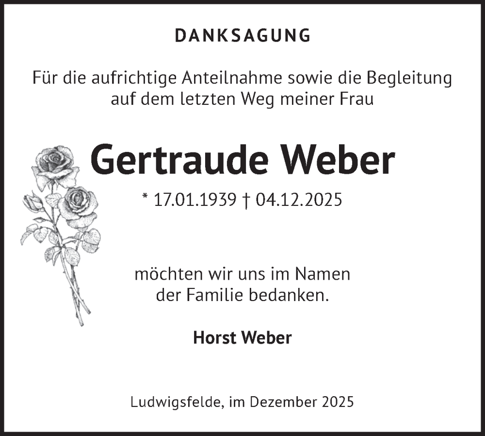  Traueranzeige für Gertraude Weber vom 27.12.2025 aus Blickpunkt Ludwigsfelde/Zossen