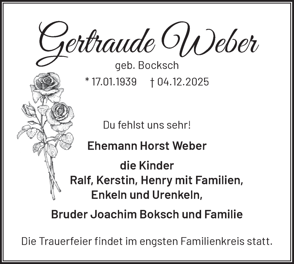  Traueranzeige für Gertraude Weber vom 13.12.2025 aus Blickpunkt Ludwigsfelde/Zossen