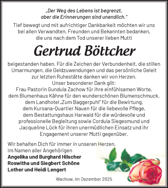 Traueranzeige von Gertrud Böttcher von Märkische Oderzeitung