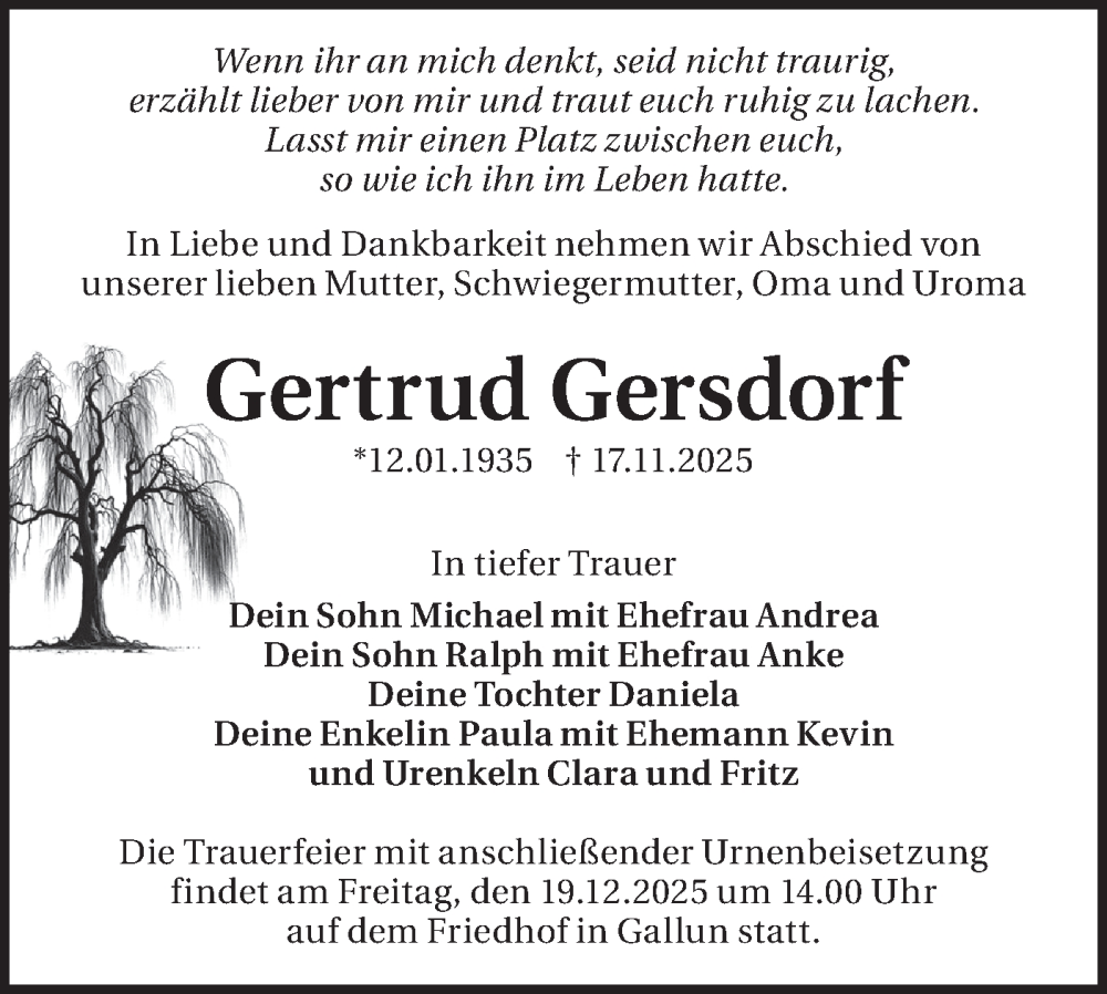 Traueranzeige für Gertrud Gersdorf vom 13.12.2025 aus Blickpunkt Königs Wusterhausen