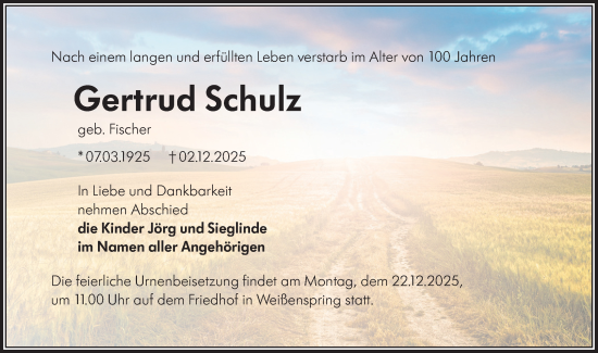 Traueranzeige von Gertrud Schulz von Märkische Oderzeitung