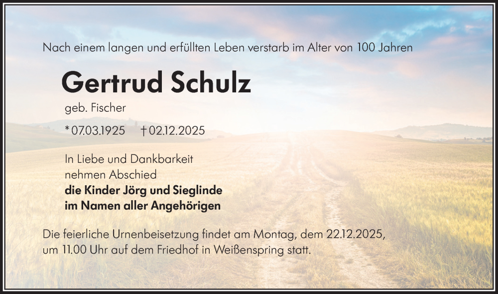  Traueranzeige für Gertrud Schulz vom 13.12.2025 aus Märkische Oderzeitung