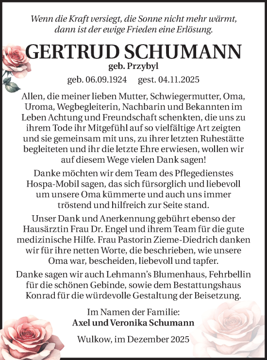 Traueranzeige von Gertrud Schumann von Märkische Oderzeitung