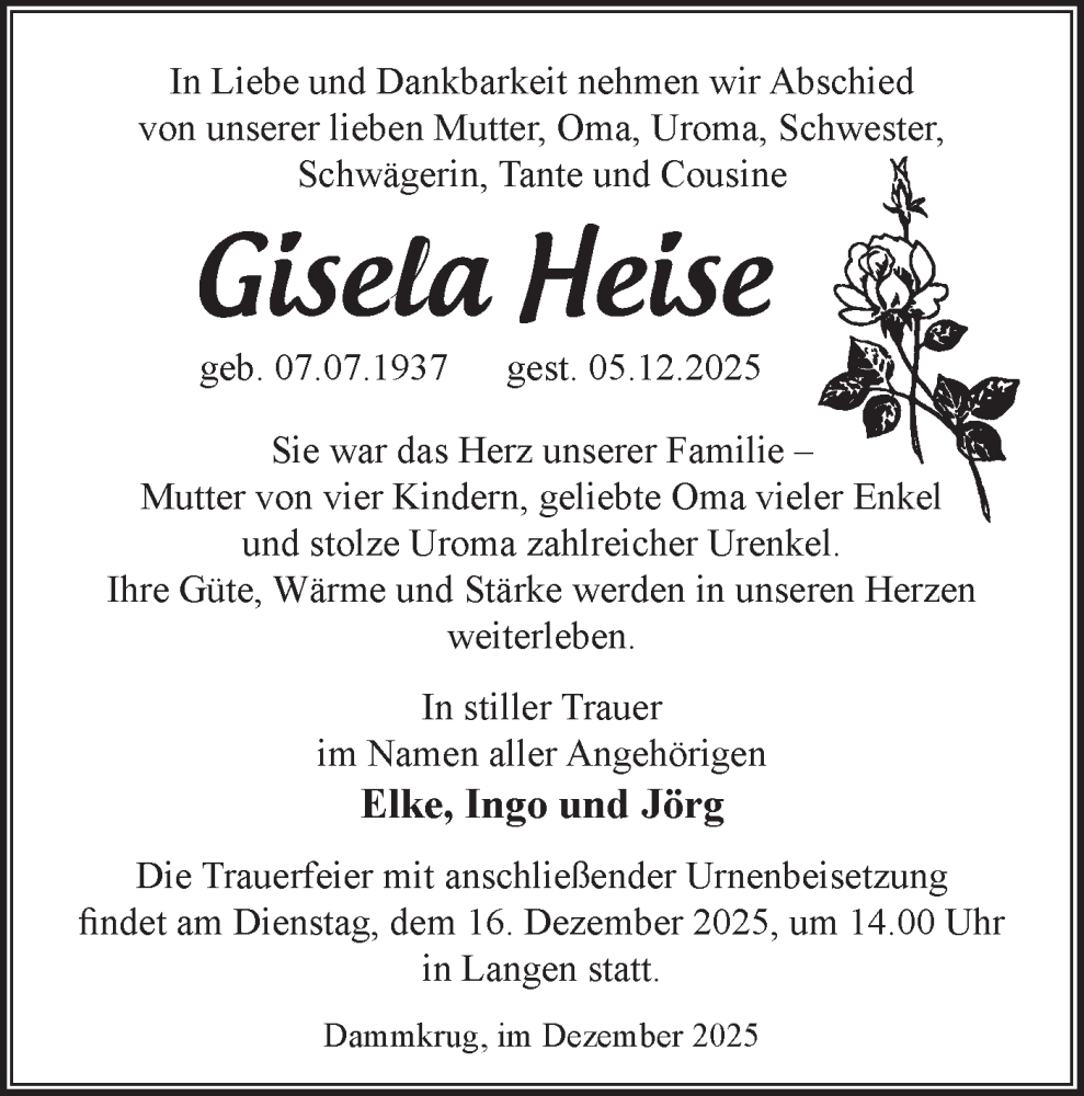  Traueranzeige für Gisela Heise vom 13.12.2025 aus Märkische Oderzeitung