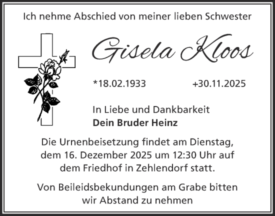 Traueranzeige von Gisela Kloos von Märkische Oderzeitung