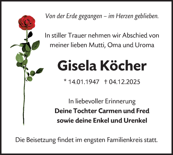 Traueranzeige von Gisela Köcher von Märkische Oderzeitung