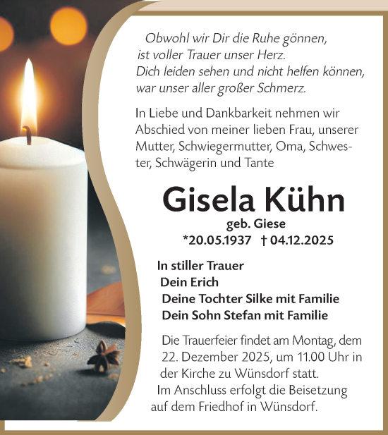 Traueranzeige von Gisela Kühn von Blickpunkt Ludwigsfelde/Zossen