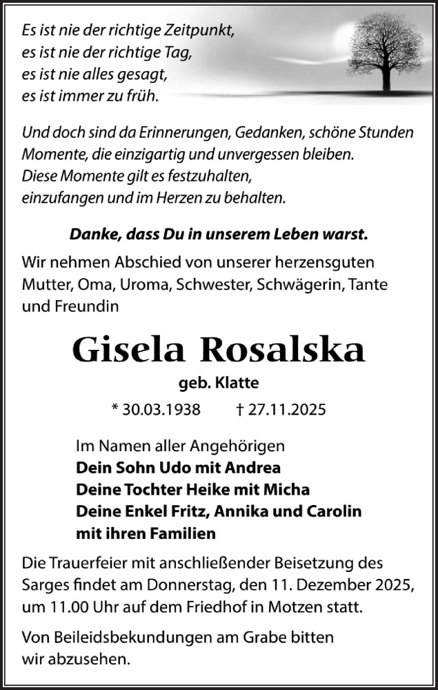  Traueranzeige für Gisela Rosalska vom 06.12.2025 aus Blickpunkt Königs Wusterhausen