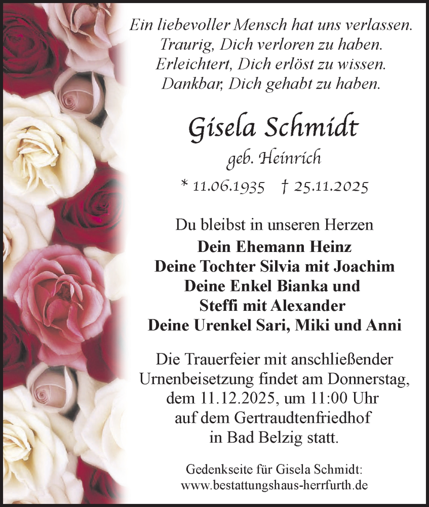 Traueranzeige für Gisela Schmidt vom 06.12.2025 aus Märkische Oderzeitung