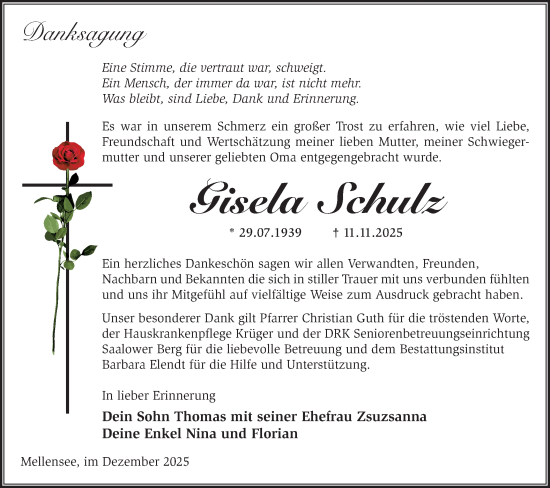 Traueranzeige von Gisela Schulz von Blickpunkt Ludwigsfelde/Zossen