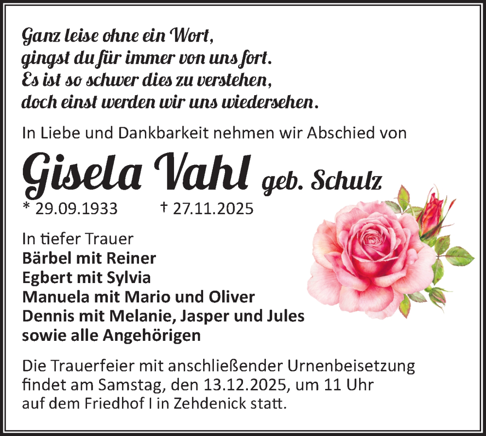  Traueranzeige für Gisela Vahl vom 06.12.2025 aus Märkische Oderzeitung
