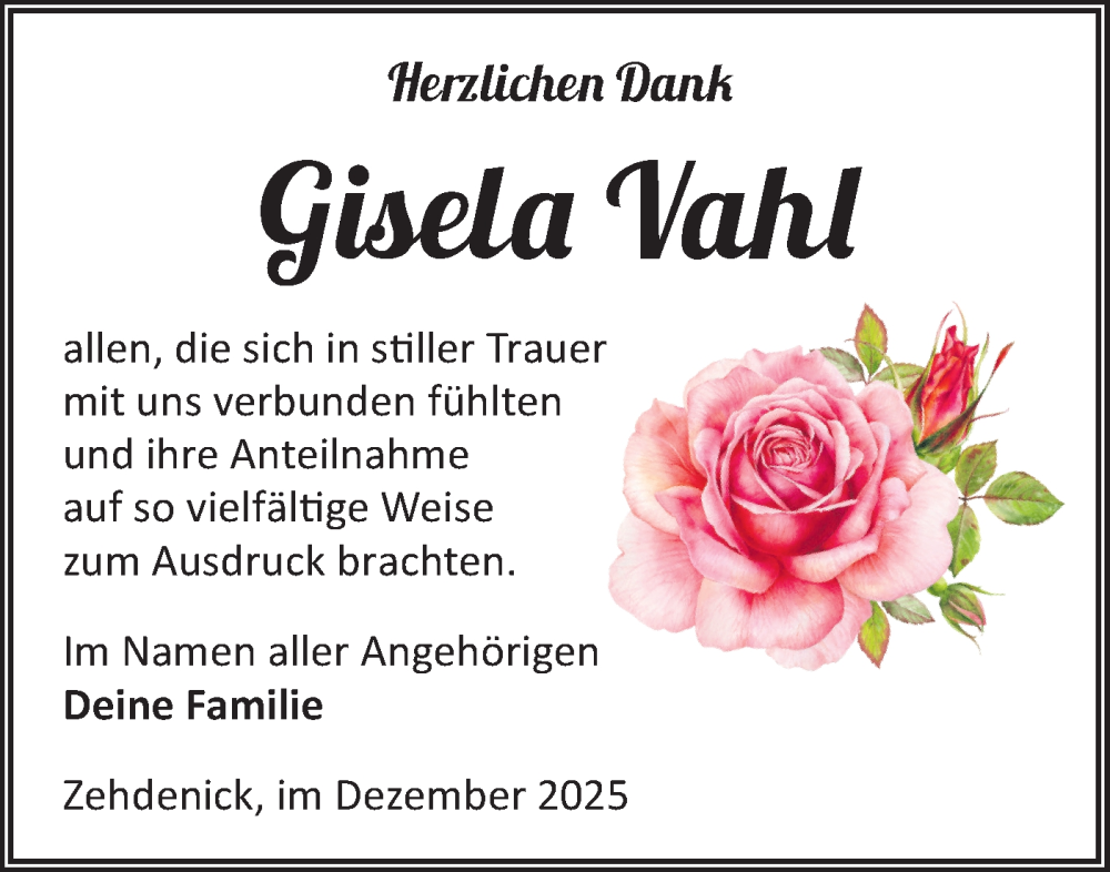  Traueranzeige für Gisela Vahl vom 20.12.2025 aus Märkische Oderzeitung