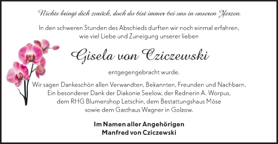 Traueranzeige von Gisela von Cziczewski von MO Oderld.-Echo