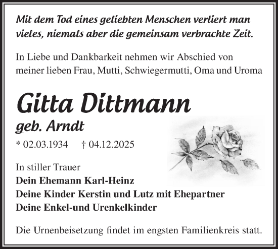 Traueranzeige von Gitta Dittmann von Märkische Oderzeitung