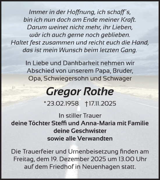 Traueranzeige von Gregor Rothe von MO Oderld.-Echo