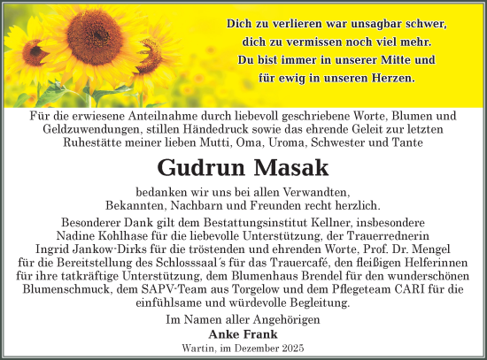 Traueranzeige von Gudrun Masak von MO Uckerm.-Anz.