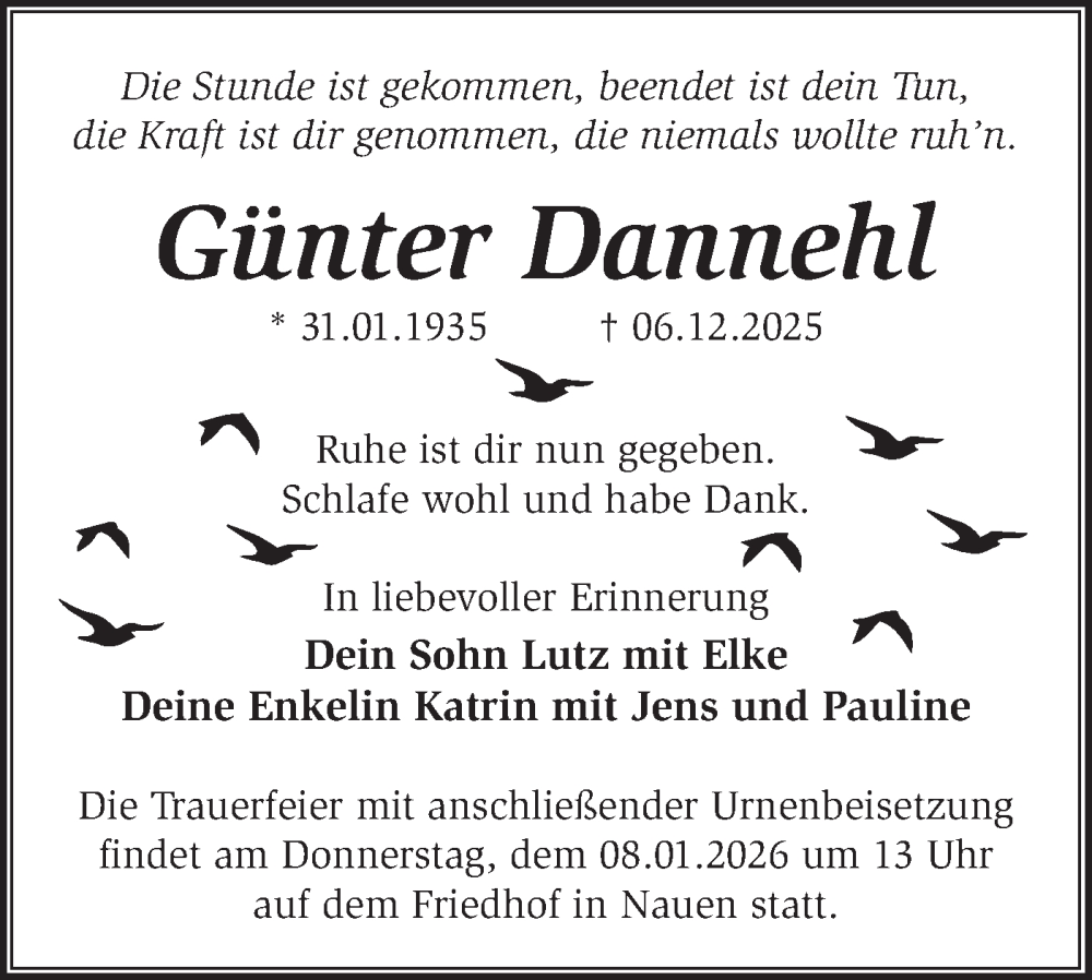  Traueranzeige für Günter Dannehl vom 20.12.2025 aus Märkische Oderzeitung