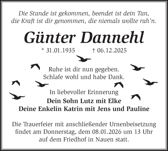 Traueranzeige von Günter Dannehl von Märkische Oderzeitung