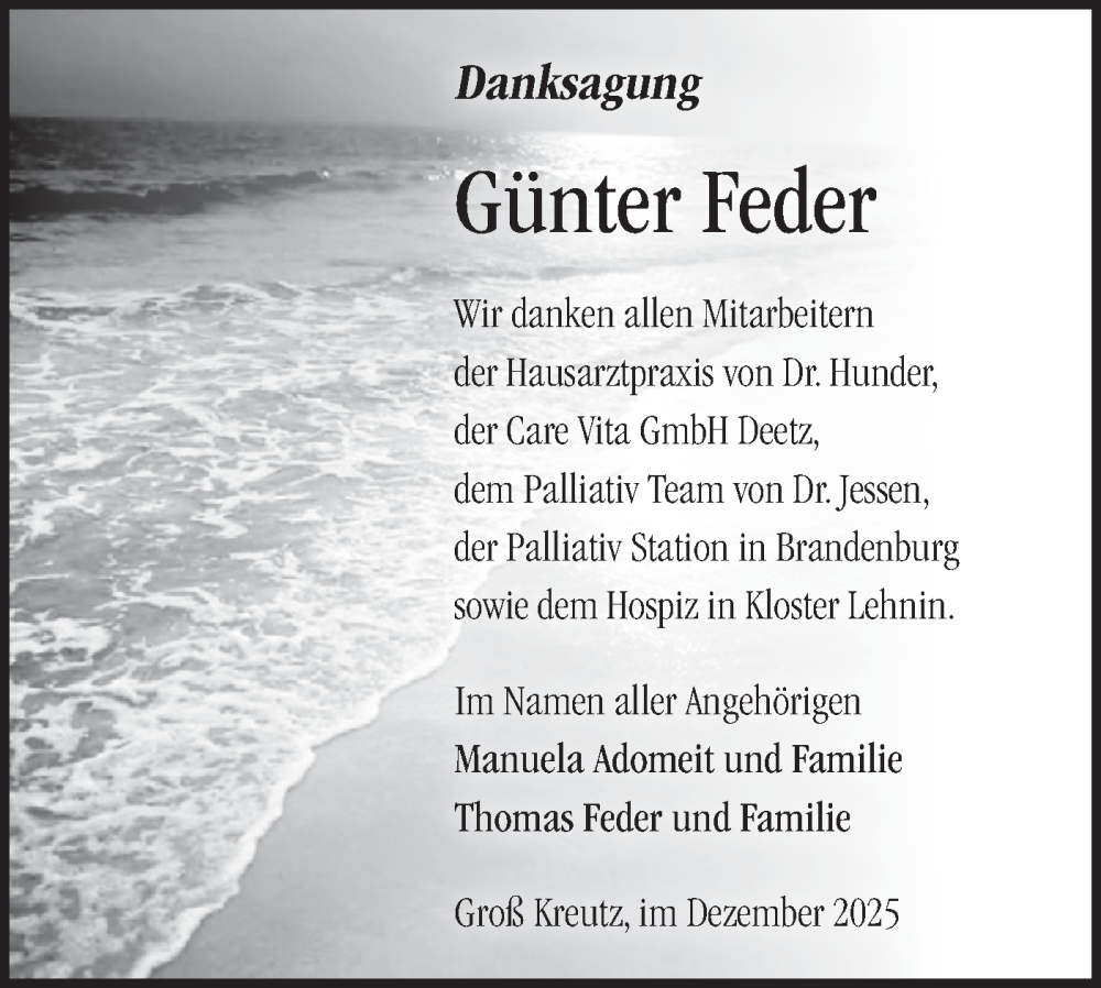  Traueranzeige für Günter Feder vom 13.12.2025 aus Märkische Oderzeitung