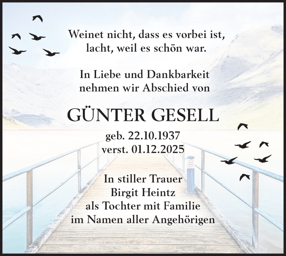  Traueranzeige für Günter Gesell vom 06.12.2025 aus Märkische Oderzeitung