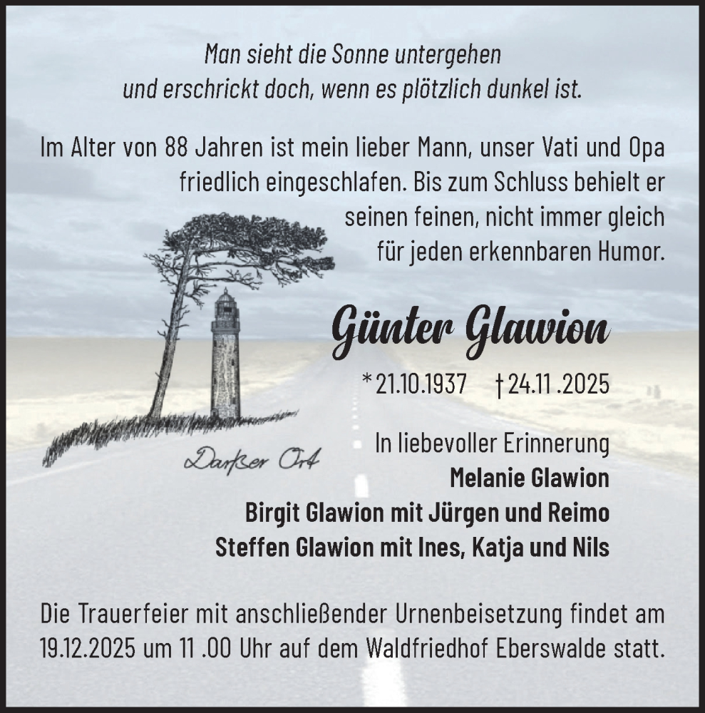  Traueranzeige für Günter Glawion vom 06.12.2025 aus Märkische Oderzeitung
