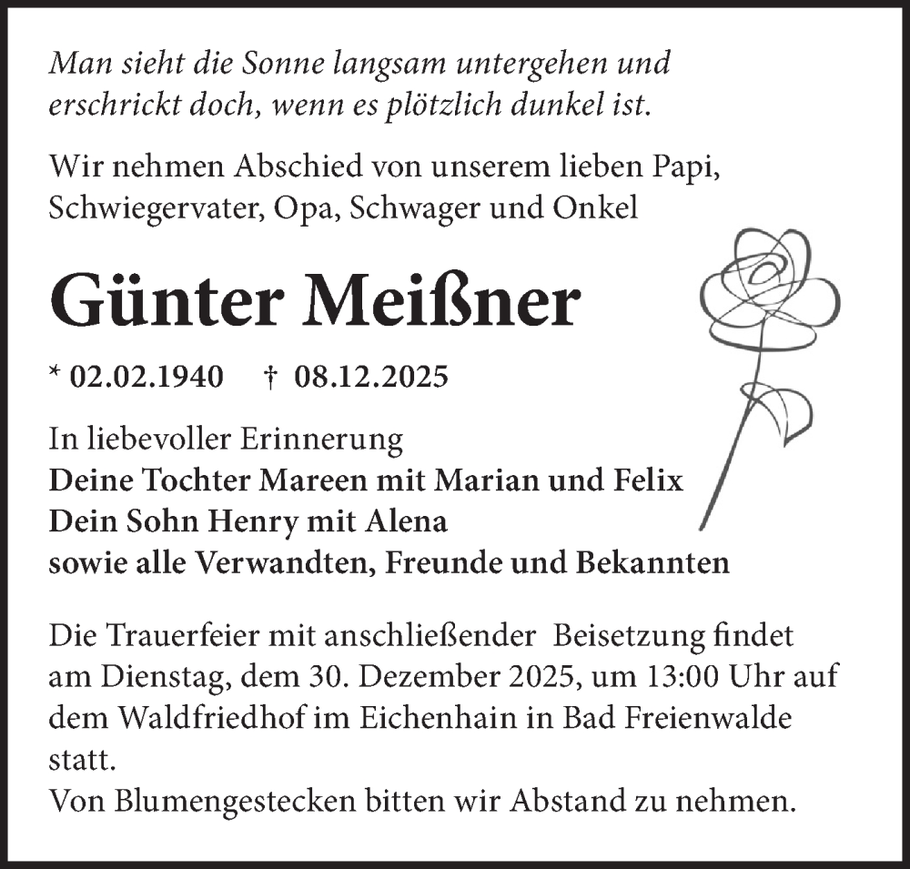  Traueranzeige für Günter Meißner vom 13.12.2025 aus MO Oderld.-Echo
