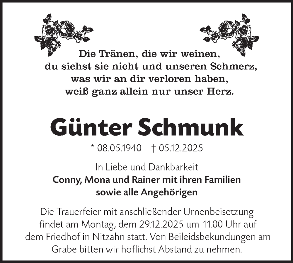  Traueranzeige für Günter Schmunk vom 13.12.2025 aus Märkische Oderzeitung