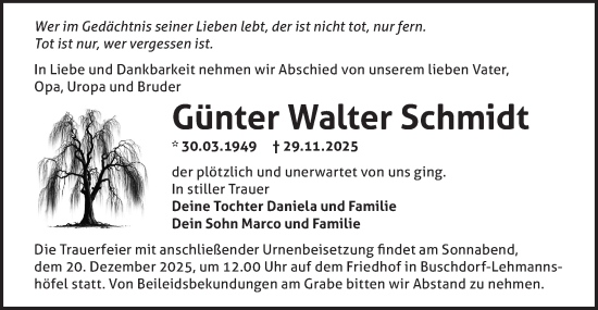 Traueranzeige von Günter Walter Schmidt von MO Oderld.-Echo