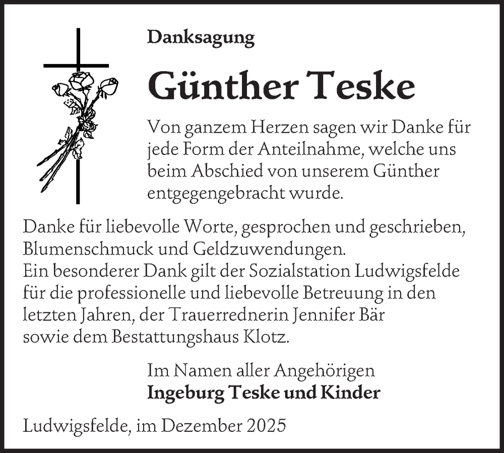  Traueranzeige für Günther Teske vom 20.12.2025 aus Blickpunkt Ludwigsfelde/Zossen