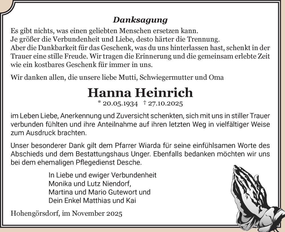  Traueranzeige für Hanna Heinrich vom 06.12.2025 aus Blickpunkt Jüterbog/Luckenwalde