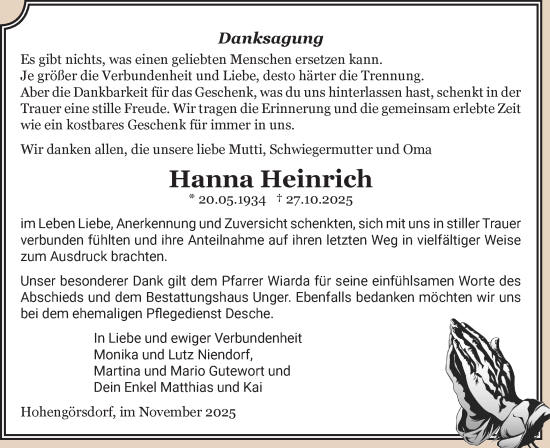 Traueranzeige von Hanna Heinrich von Blickpunkt Jüterbog/Luckenwalde