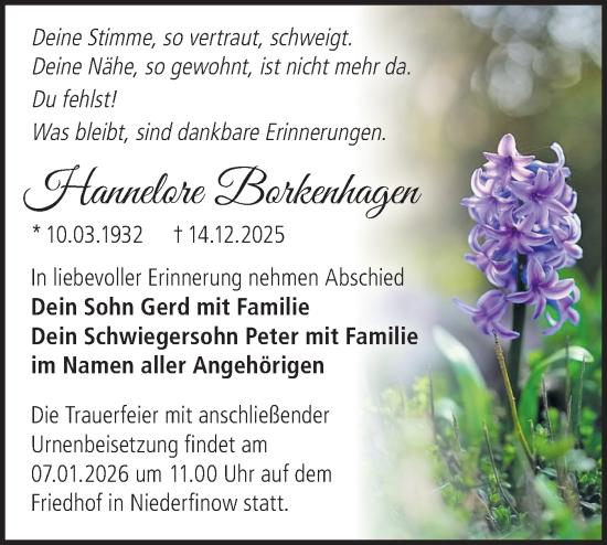 Traueranzeige von Hannelore Borkenhagen von Märkische Oderzeitung