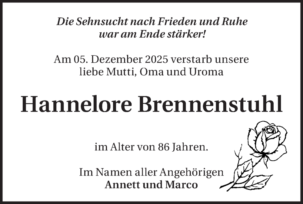  Traueranzeige für Hannelore Brennenstuhl vom 20.12.2025 aus Märkische Oderzeitung