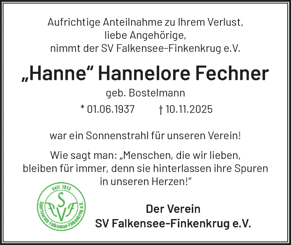  Traueranzeige für Hannelore Fechner vom 27.12.2025 aus Märkische Oderzeitung