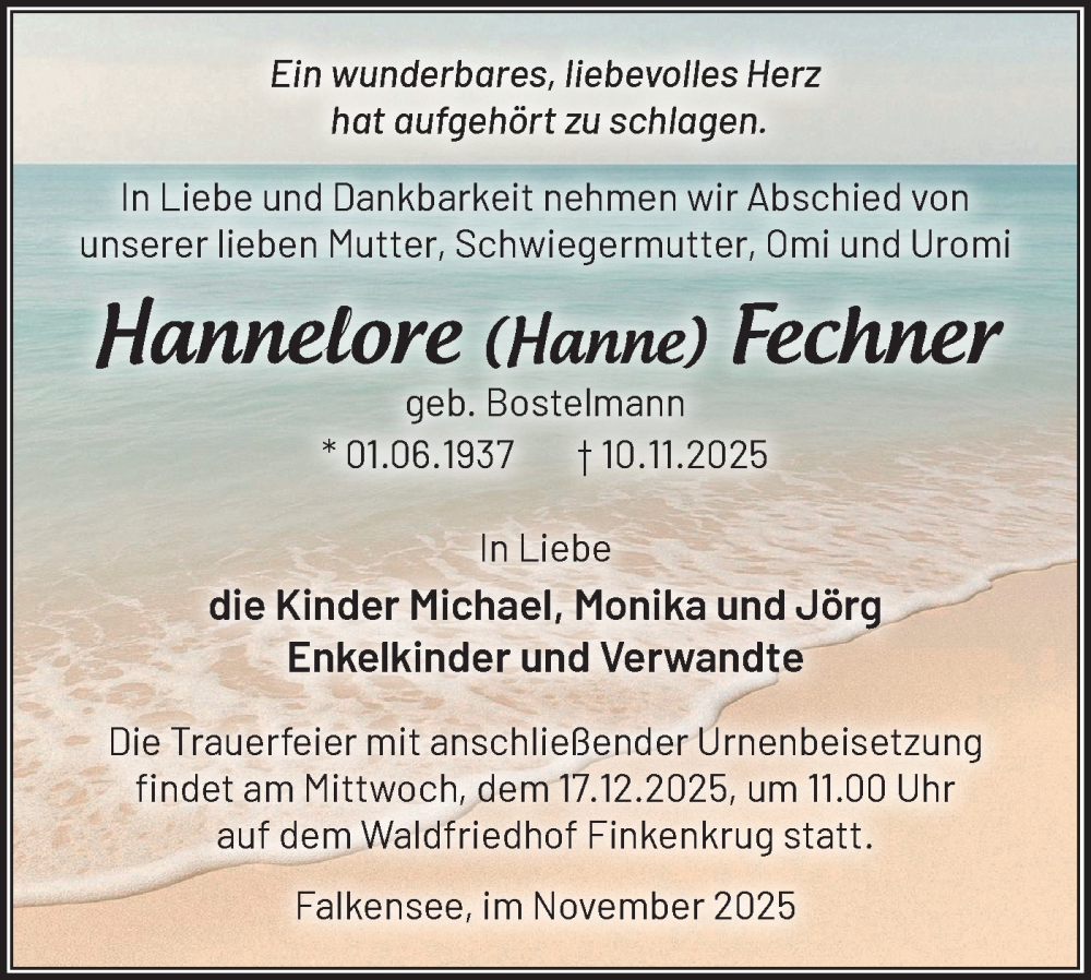  Traueranzeige für Hannelore Fechner vom 06.12.2025 aus Märkische Oderzeitung