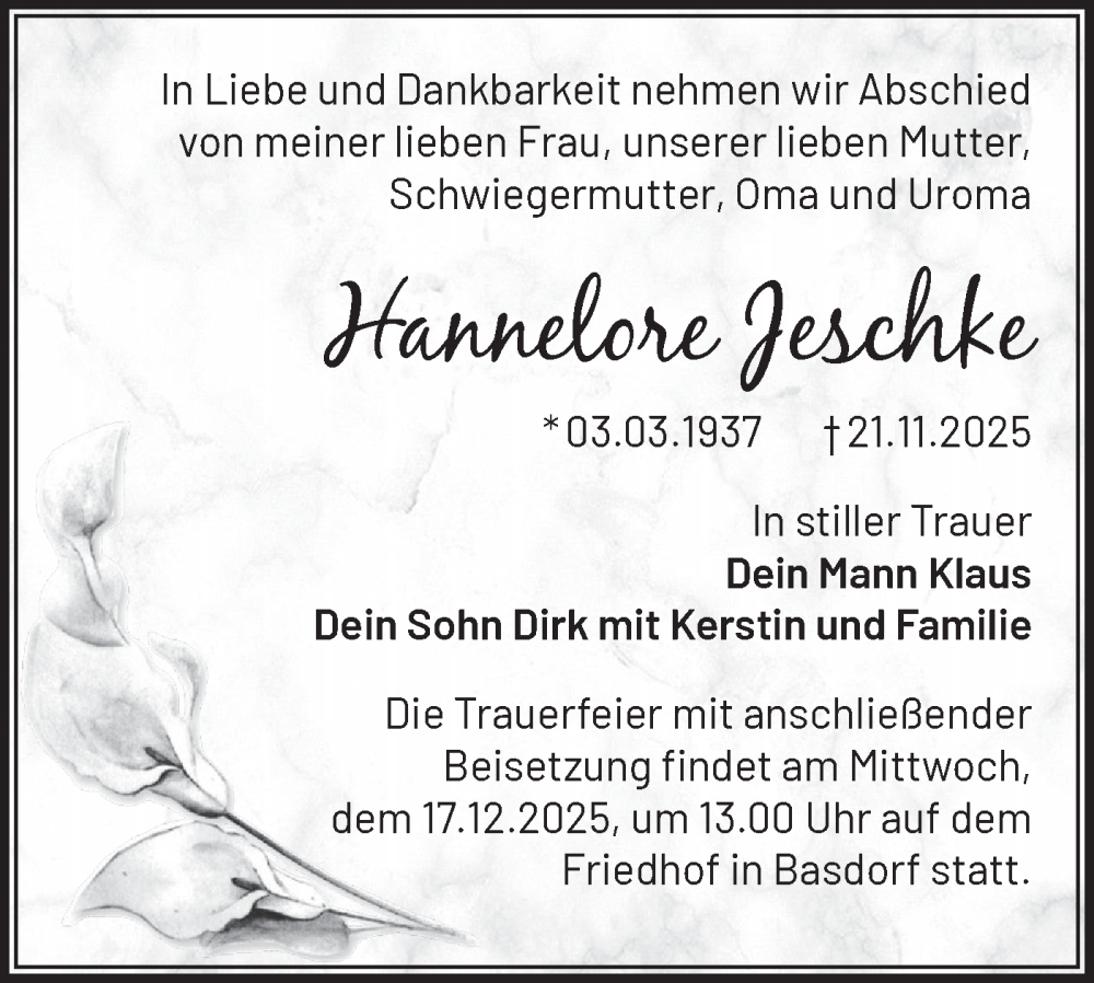  Traueranzeige für Hannelore Jeschke vom 06.12.2025 aus Märkische Oderzeitung