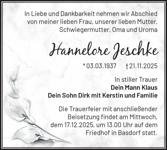 Traueranzeige von Hannelore Jeschke von Märkische Oderzeitung